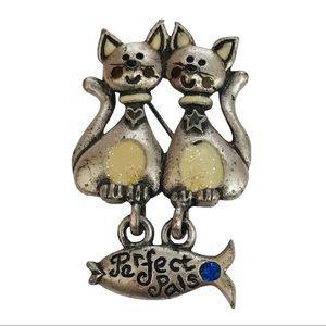 Vintage AJC “Perfect Pals” Pewter Cats Fish Brooch
